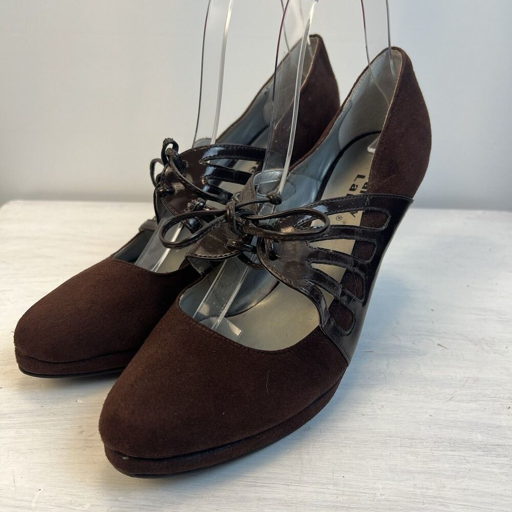 Valley Lane Brown Suede Mary Jane Heels – Women’s Size 8M – Lace-Up Bow Detail